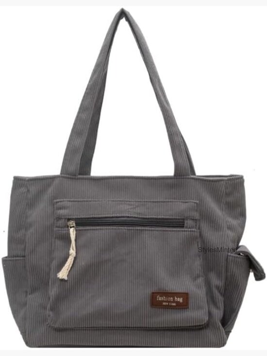 Handbags - Large Corduroy Tote Bag with Pockets and Zipper Closure Shoulder Bag